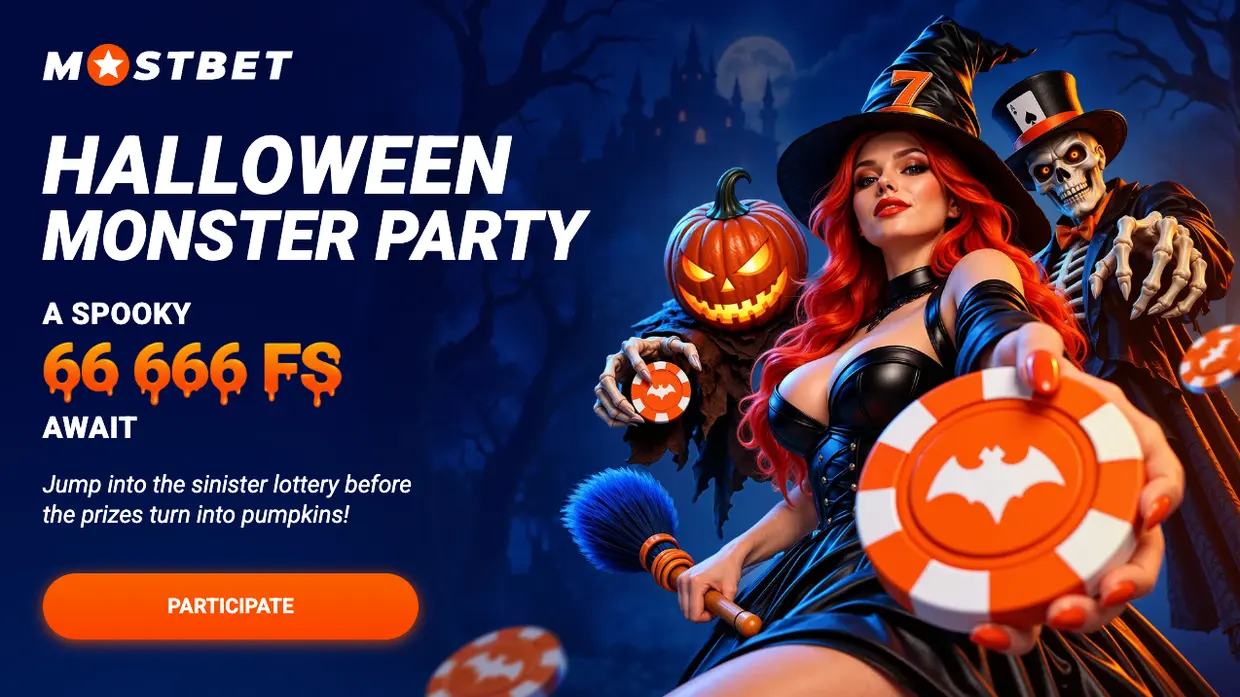 Mostbet Halloween Monster Party art with a witch holding a casino chip